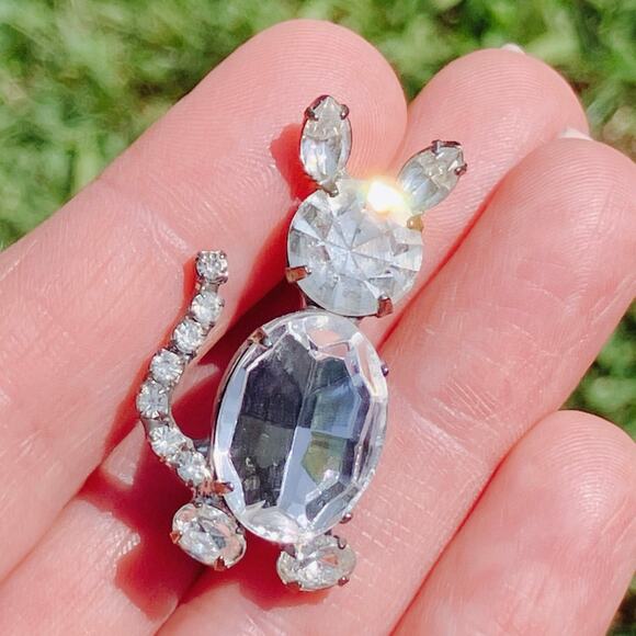 VTG Mid Century Brooch Jelly Belly Rhinestone Cat Silver Tone 1950s - Picture 2 of 10